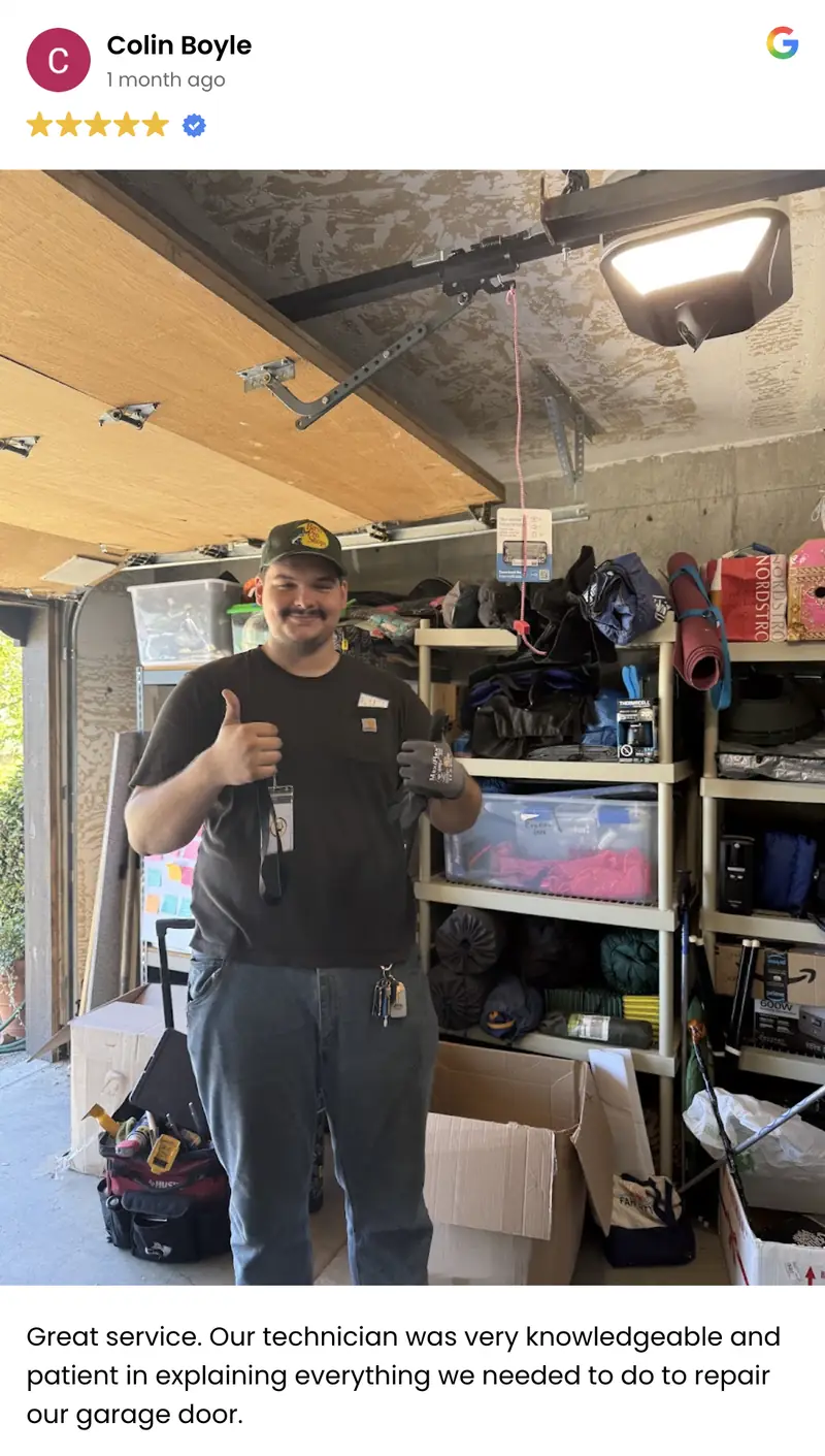 Palms Garage Doors technician with client, review by Colin Boyle