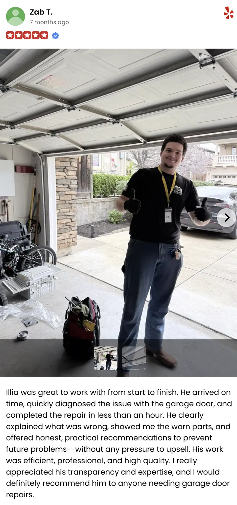 Palms Garage Doors technician with client, review by Zab T.